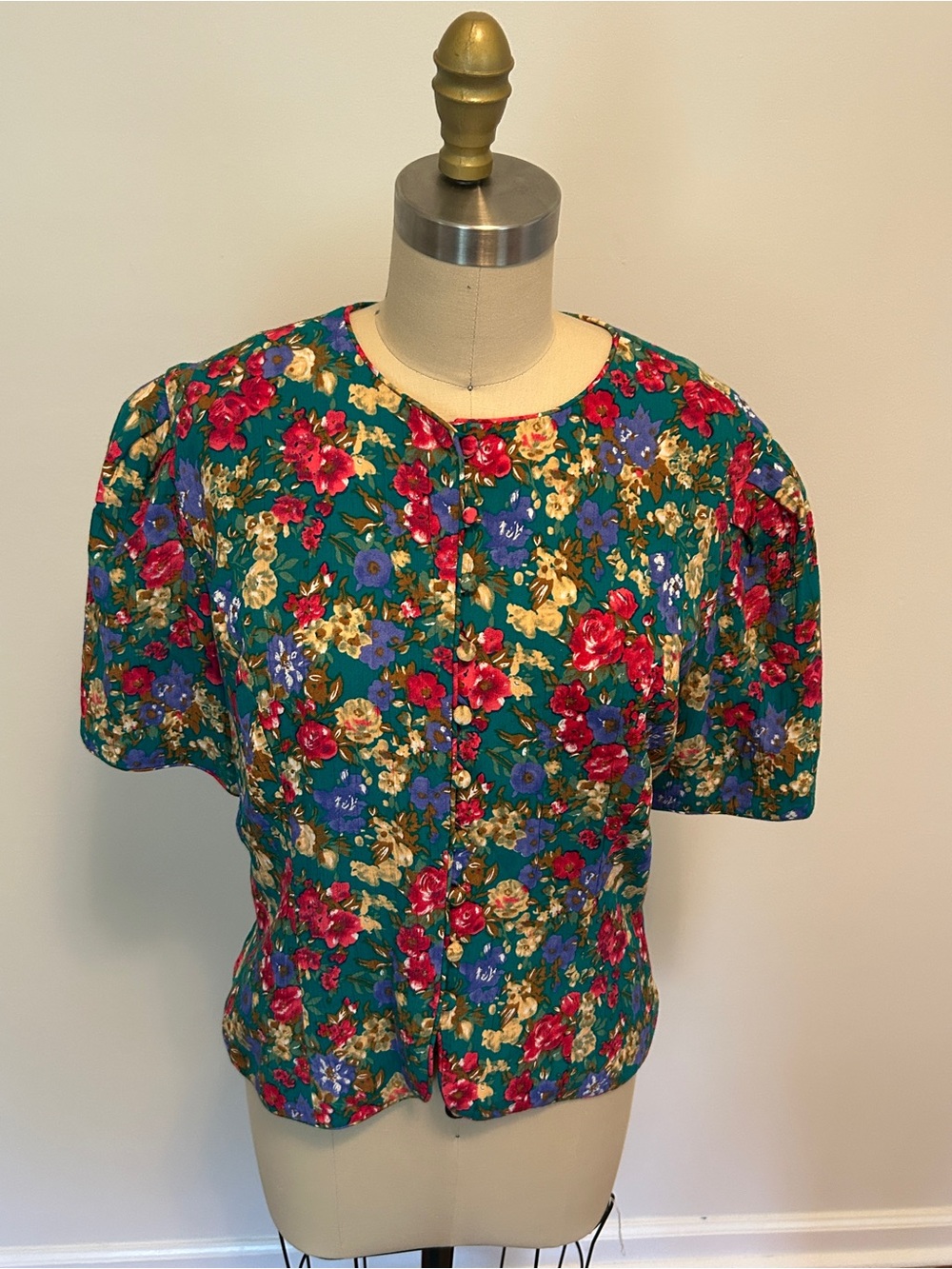 Vintage 80s Maggy London Floral Button-Front Women's Top, Size 10 (36” Bust)